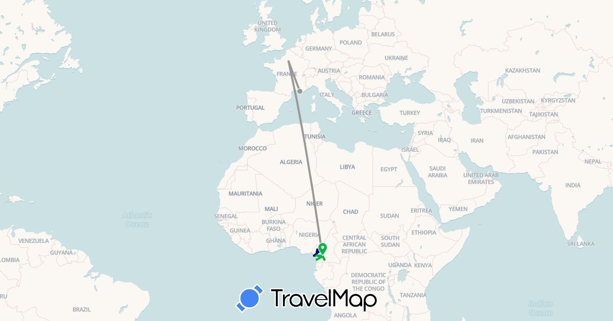 TravelMap itinerary: driving, bus, plane, hiking in Cameroon, France (Africa, Europe)