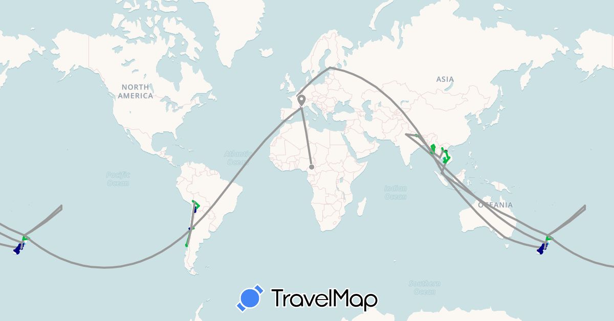 TravelMap itinerary: driving, bus, plane, cycling, train, hiking, boat, hitchhiking, motorbike in Argentina, Australia, Bolivia, Cook Islands, Chile, Cameroon, Finland, France, India, Cambodia, Laos, Myanmar (Burma), Malaysia, Nepal, New Zealand, Singapore, Thailand (Africa, Asia, Europe, Oceania, South America)
